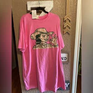 Layerz Clothing Alrighty Cowgirl Dress Pink Shirt Dress Olive Cowgirl Patch XL